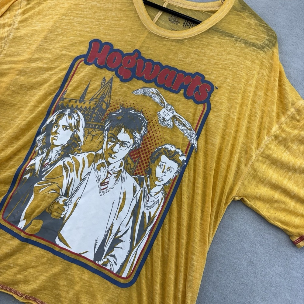 Harry Potter Sleep Shirt Women XL Yellow Hogwarts Graphic Thin See Through Tee